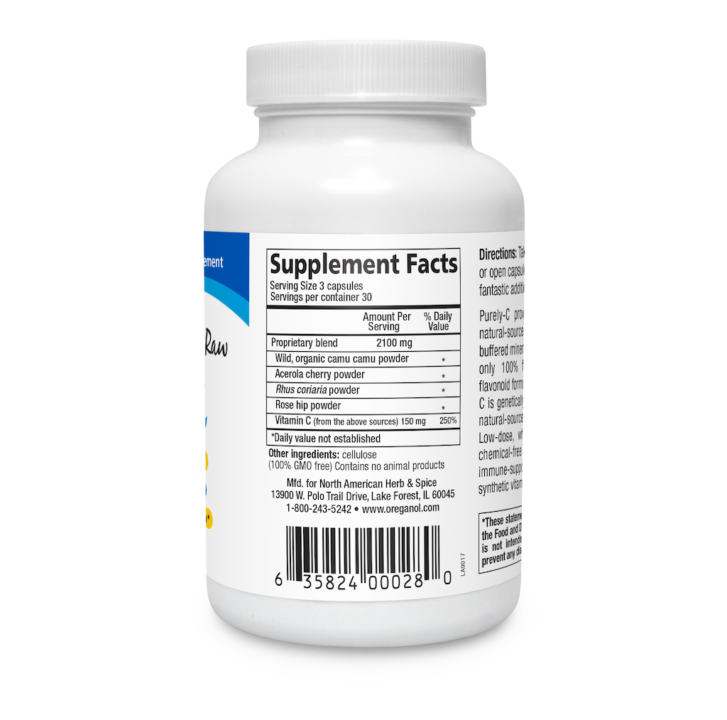 Purely C capsules 90 caps Supplement Facts Label