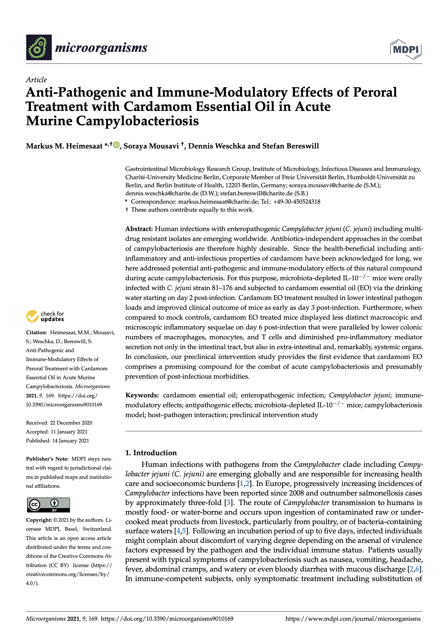 Featured image for “Anti-Pathogenic and Immune-Modulatory Effects of Peroral Treatment with Cardamom Essential Oil in Acute Murine Campylobacteriosis”