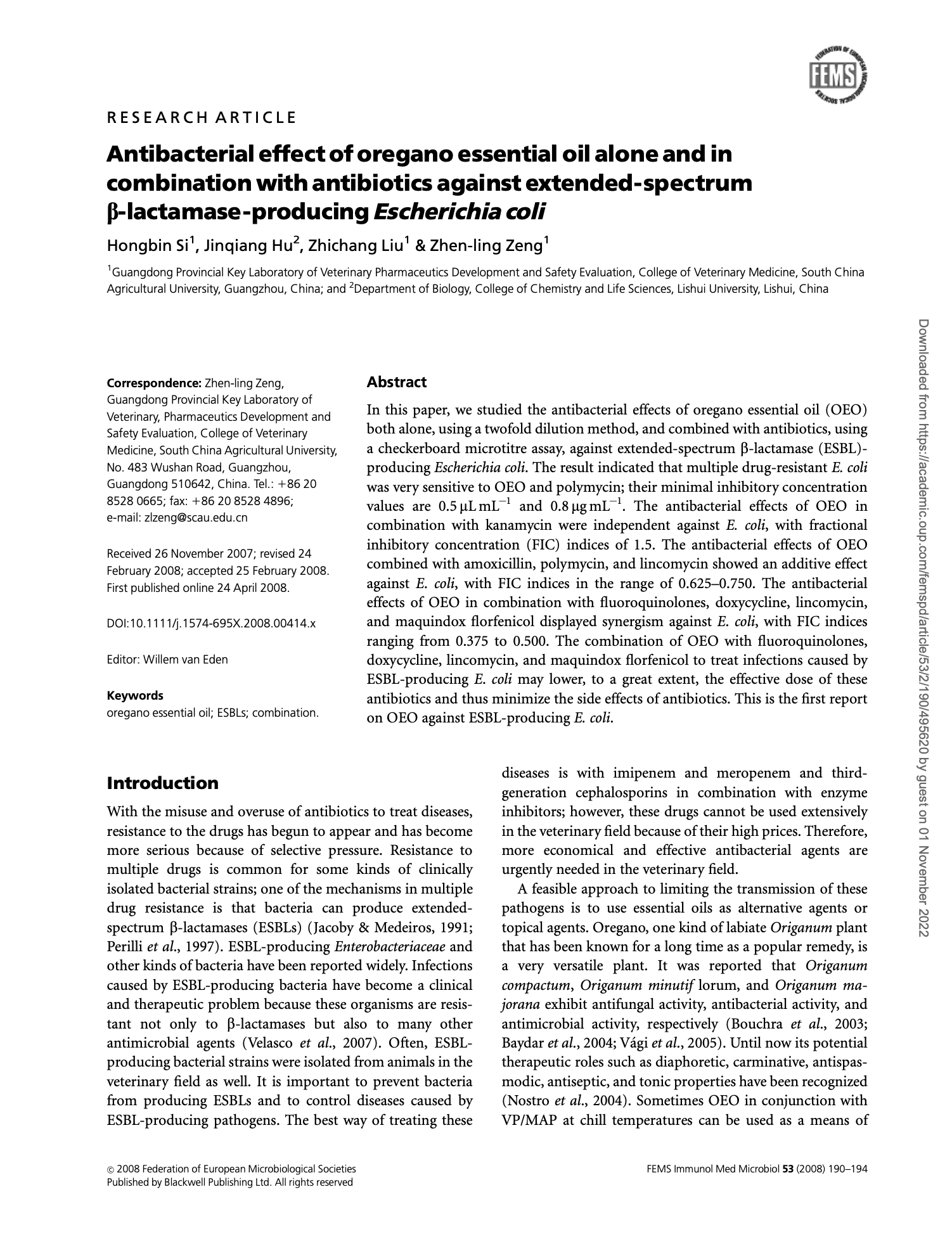 Featured image for “Antibacterial e¡ect of oregano essential oil alone and in combination with antibiotics against extended-spectrum b-lactamase-producing Escherichia coli”