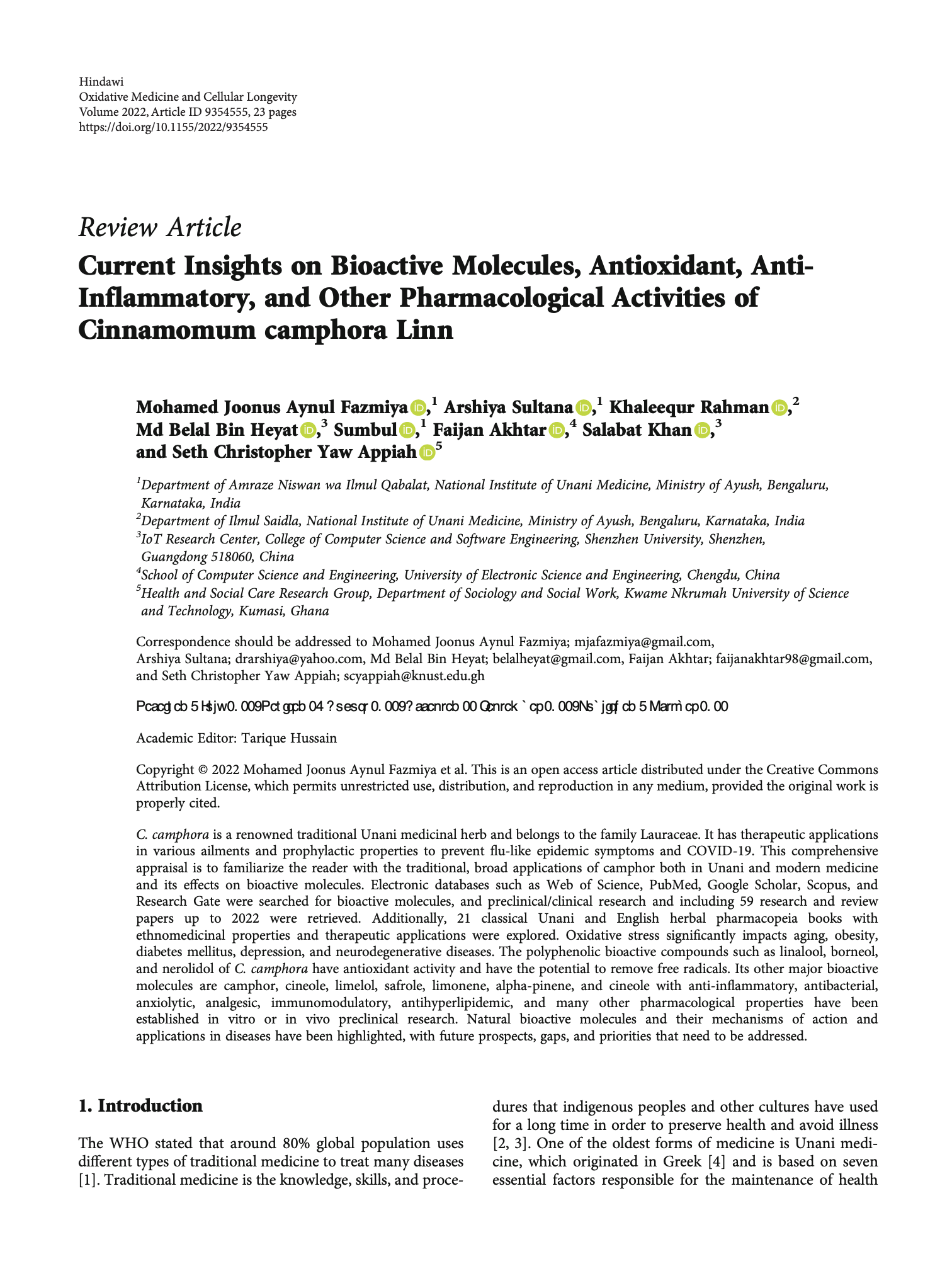 Featured image for “Current Insights on Bioactive Molecules, Antioxidant, Anti-Inflammatory, and Other Pharmacological Activities of Cinnamomum camphora Linn”