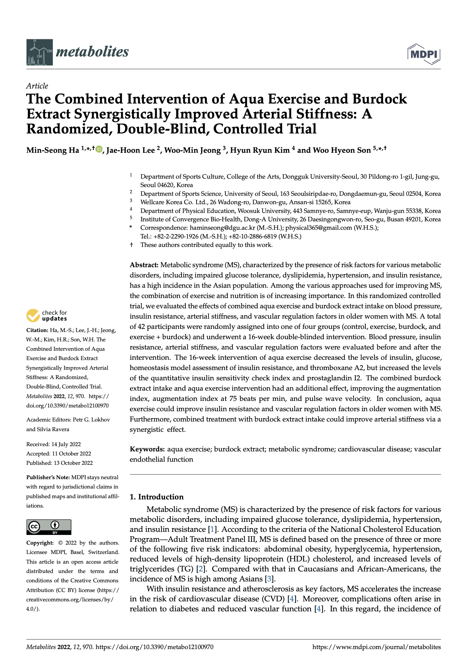 Featured image for “The Combined Intervention of Aqua Exercise and Burdock Extract Synergistically Improved Arterial Stiffness: A Randomized, Double-Blind, Controlled Trial”