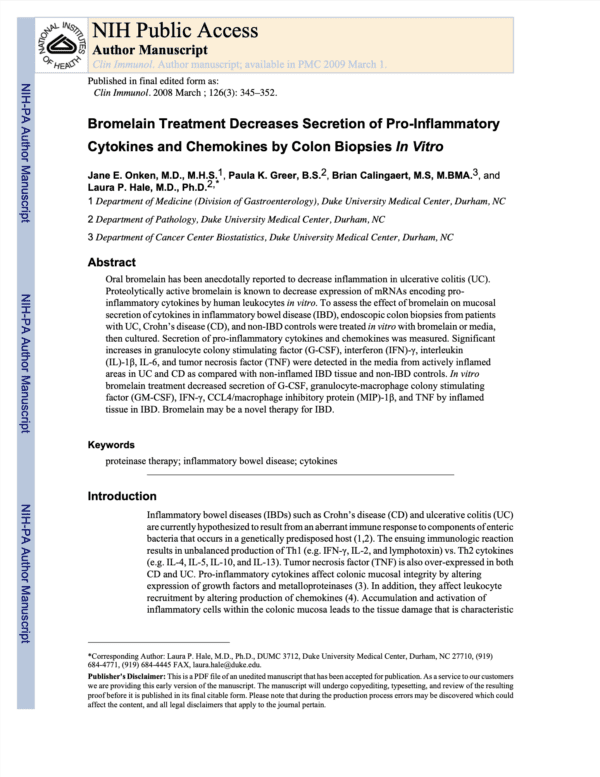 Bromelain Treatment Decreases Secretion of ProInflammatory Cytokines