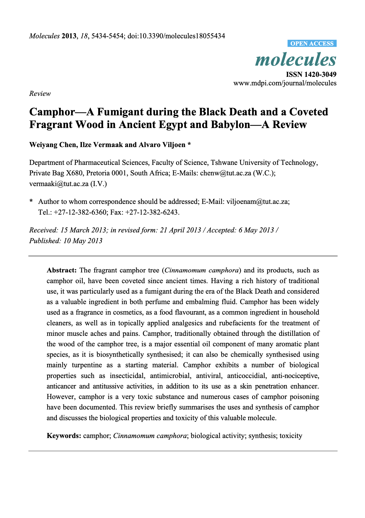 Featured image for “Camphor—A Fumigant during the Black Death and a Coveted Fragrant Wood in Ancient Egypt and Babylon—A Review”