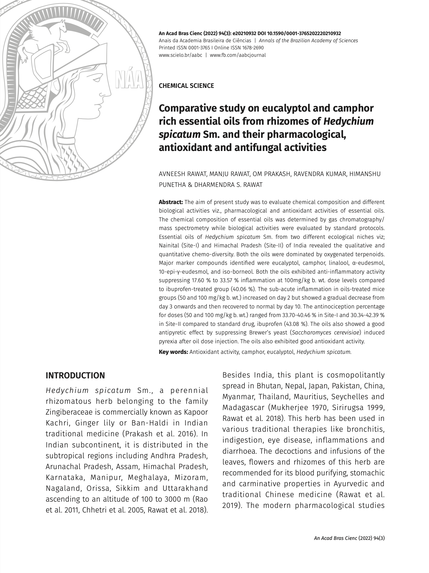 Featured image for “Comparative study on eucalyptol and camphor rich essential oils from rhizomes of Hedychium spicatum Sm. and their pharmacological, antioxidant and antifungal activities”