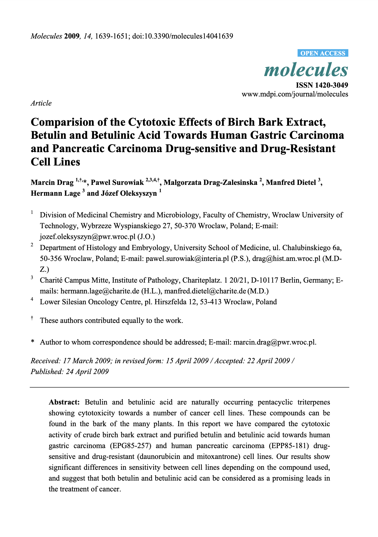 Featured image for “Comparision of the Cytotoxic Effects of Birch Bark Extract, Betulin and Betulinic Acid Towards Human Gastric Carcinoma and Pancreatic Carcinoma Drug-sensitive and Drug-Resistant Cell Lines”
