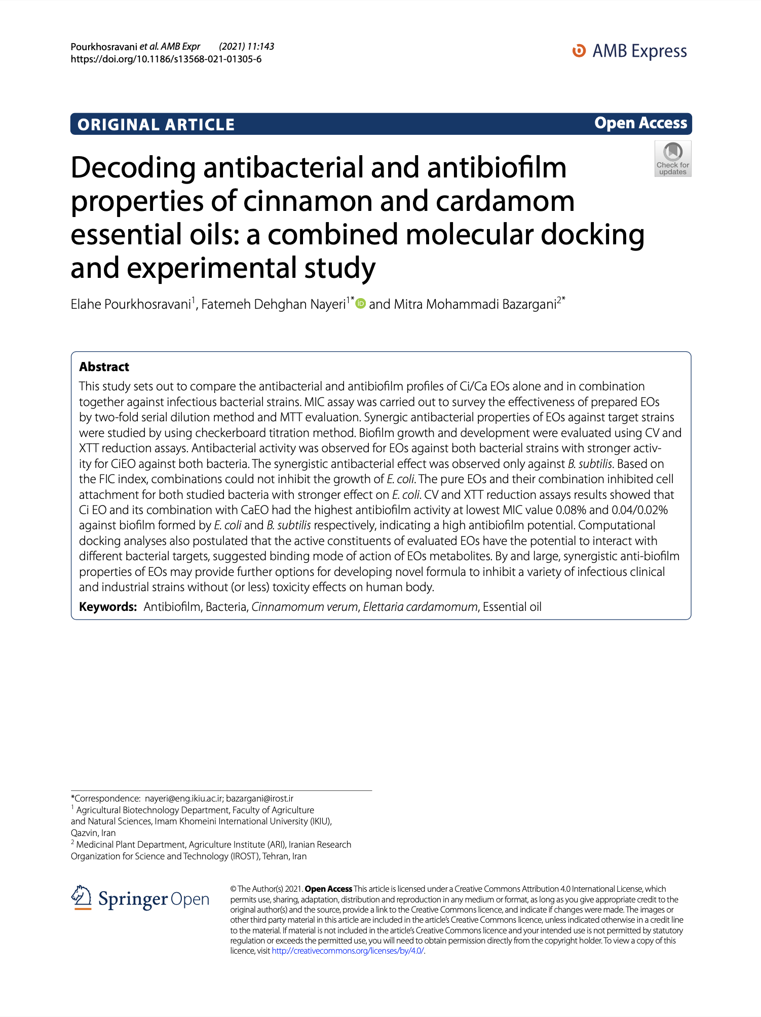 Featured image for “Decoding antibacterial and antibiofilm properties of cinnamon and cardamom essential oils: a combined molecular docking and experimental study”