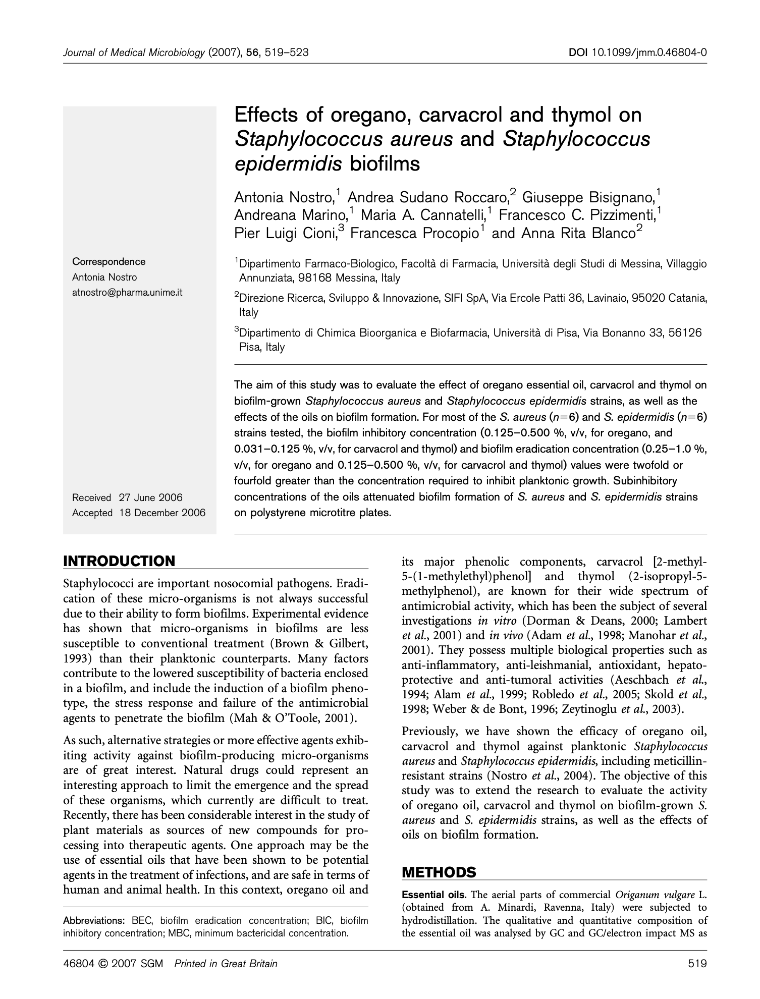 Featured image for “Effects of oregano, carvacrol and thymol on Staphylococcus aureus and Staphylococcus epidermidis biofilms”