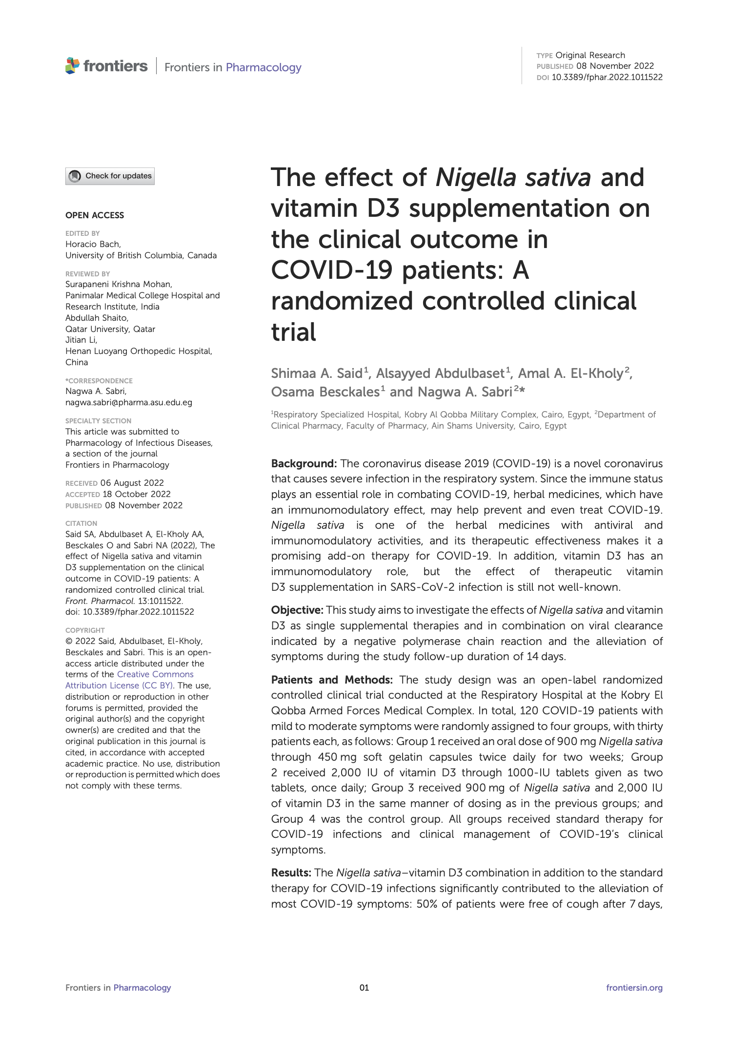Featured image for “The effect of Nigella sativa and vitamin D3 supplementation on the clinical outcome in COVID-19 patients: A randomized controlled clinical trial”