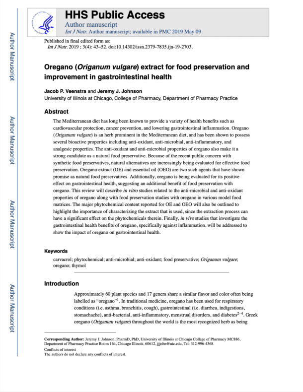 Oregano (Origanum vulgare) extract for food preservation and