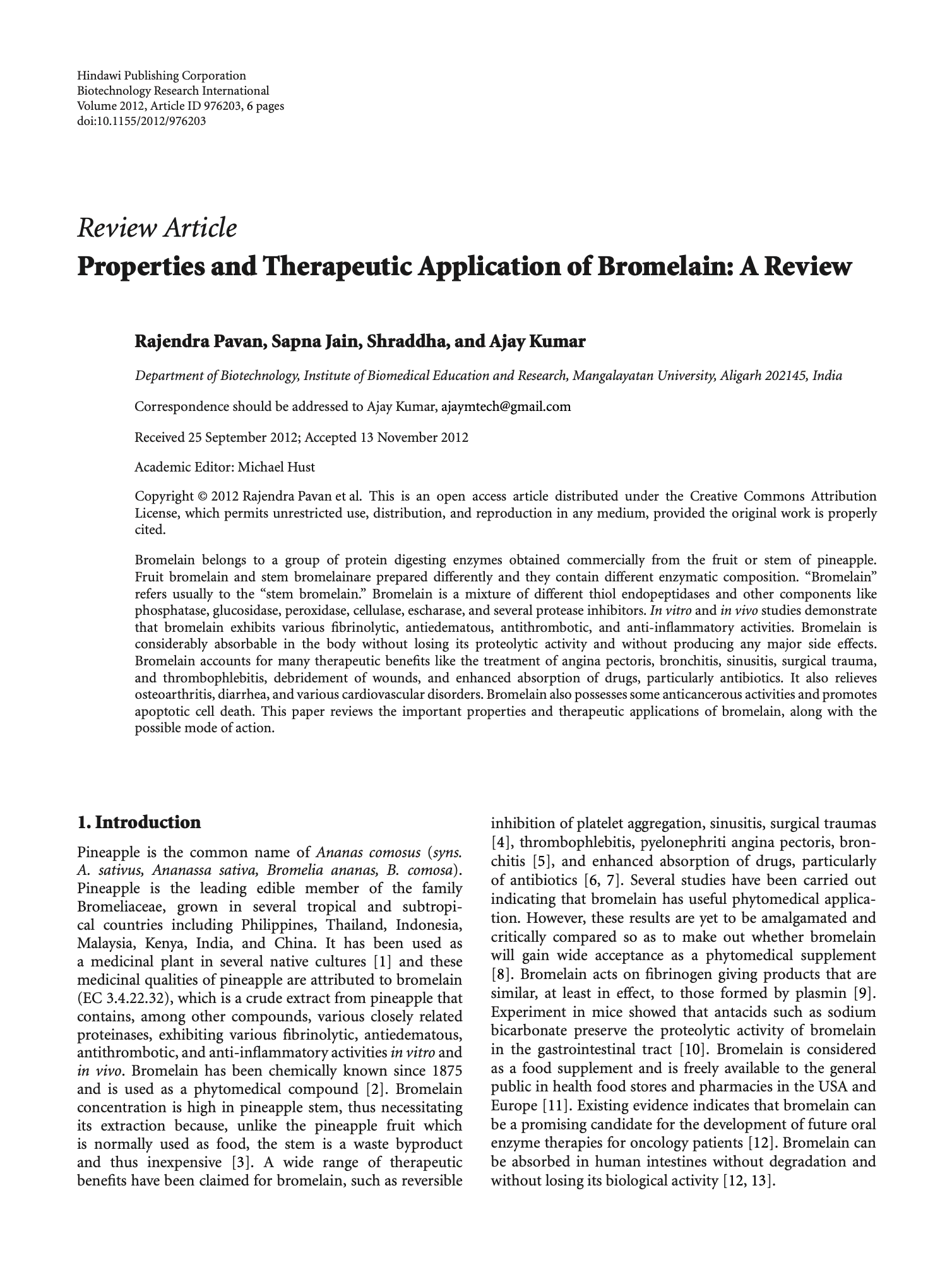 Featured image for “Properties and Therapeutic Application of Bromelain: A Review”