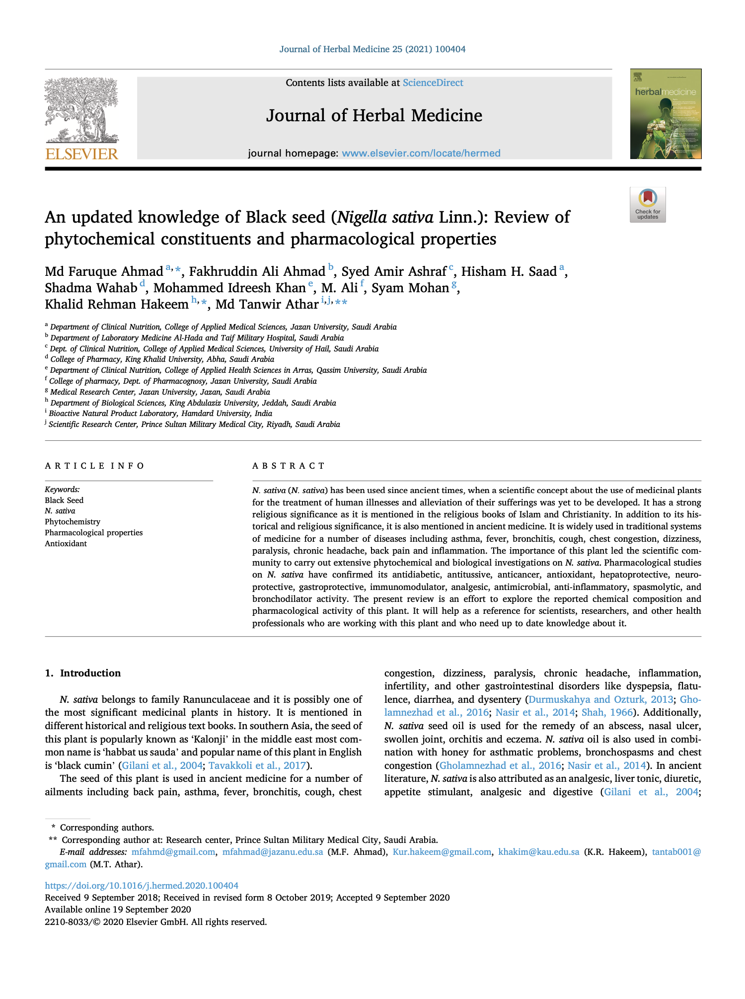 Featured image for “An updated knowledge of Black seed (Nigella sativa Linn.): Review of phytochemical constituents and pharmacological properties”