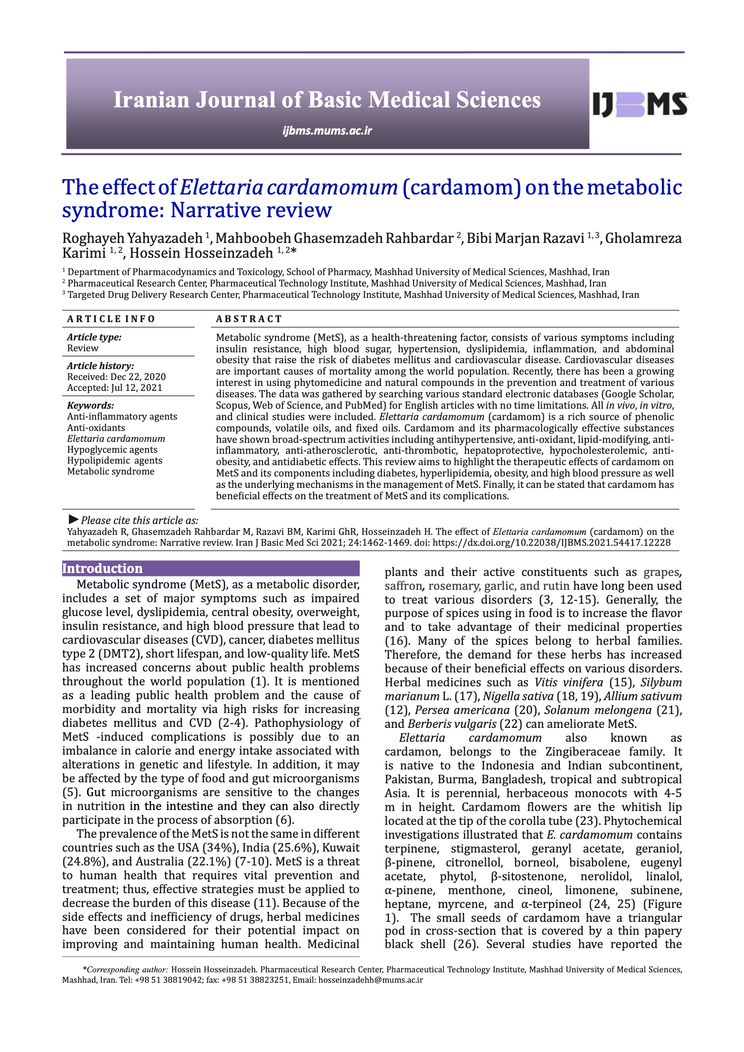 Featured image for “The effect of Elettaria cardamomum (cardamom) on the metabolic syndrome: Narrative review”