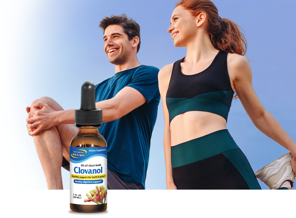 Couple stretching with Clovanol bottle