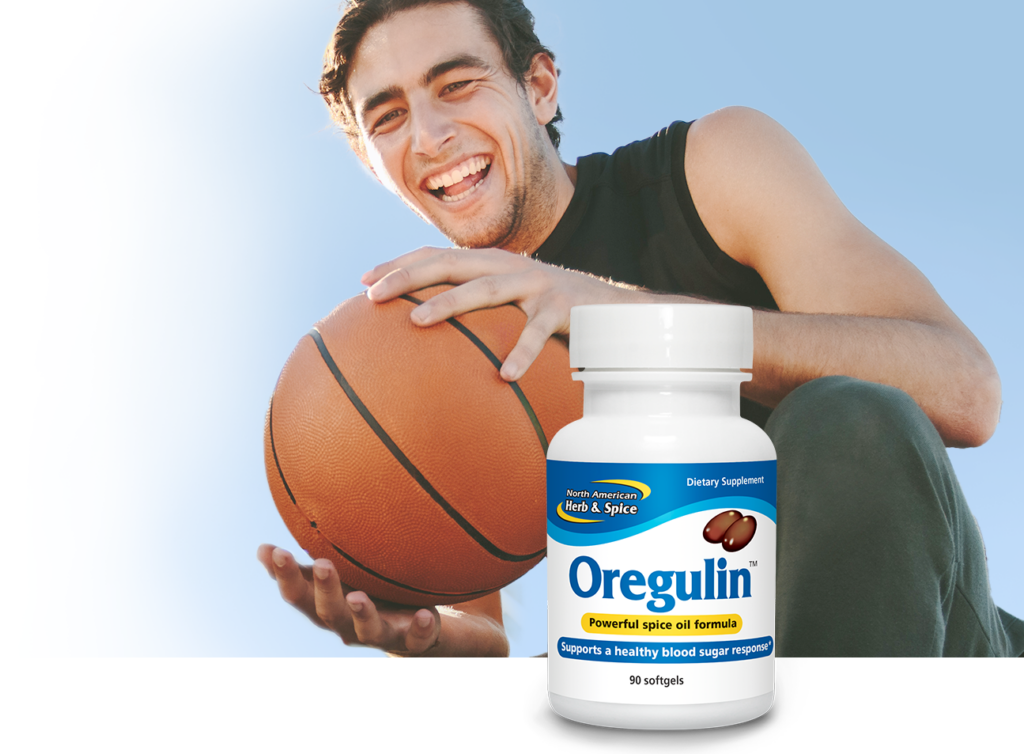 Man with basketball with Oregulin gelcap product bottle
