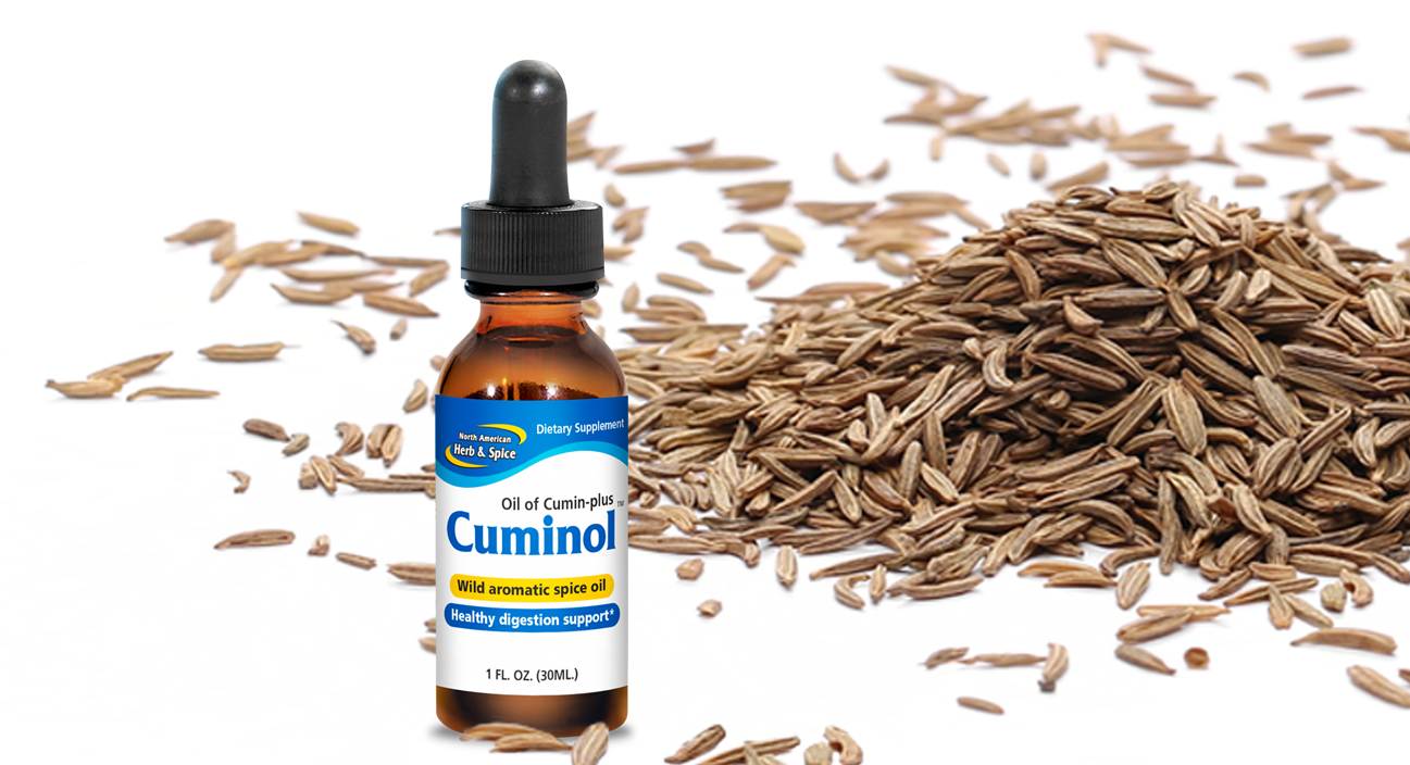 Raw cumin with Cuminol product bottle