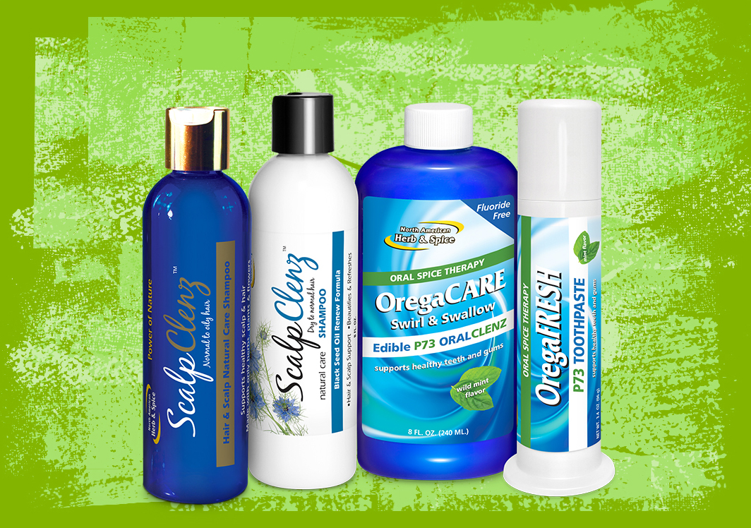 Four health and beauty products, Scalp Clenz Shampoos, Oregacare toothpaste, and Oregacare Swirl and Swallow