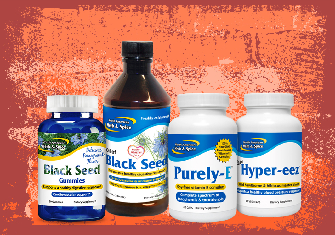 Heart health products Black Seed Gummies, Black Seed oil, Purely-E, and Hyper-eez