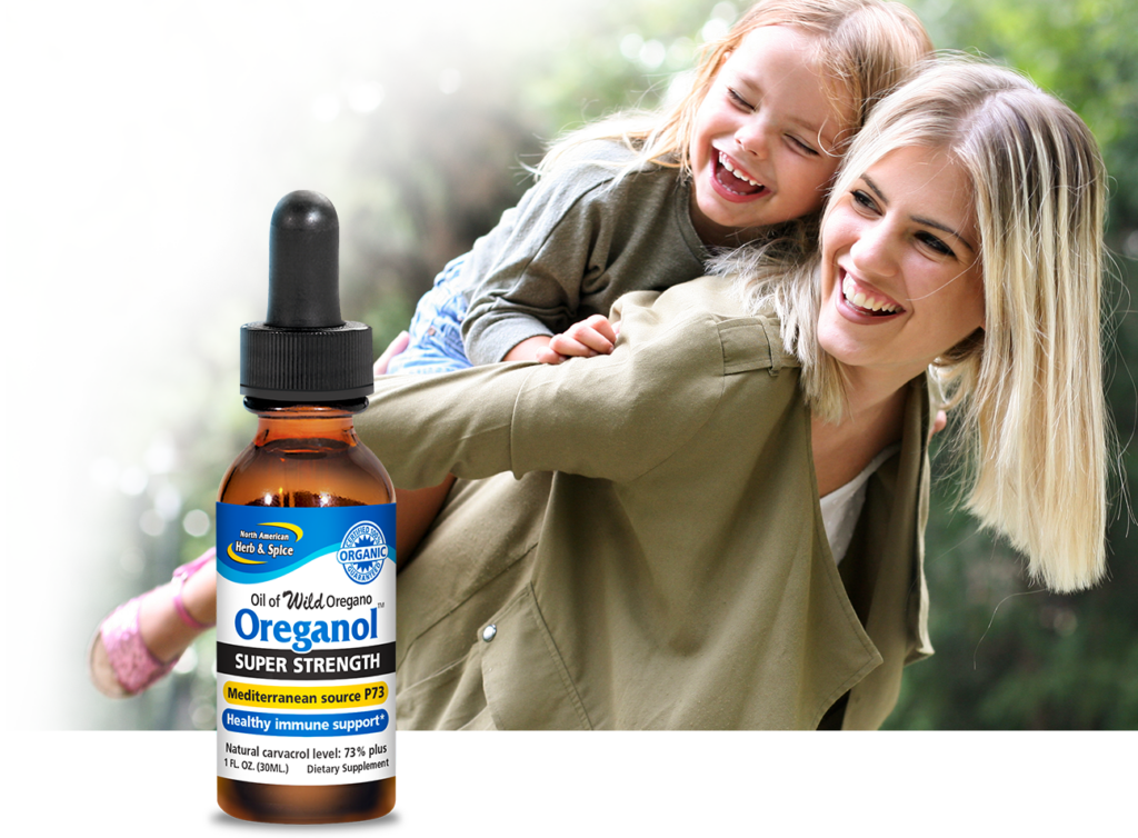 Woman with her child and Oreganol Super Strength bottle