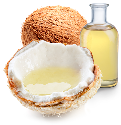 Cracked open coconut with coconut oil bottle