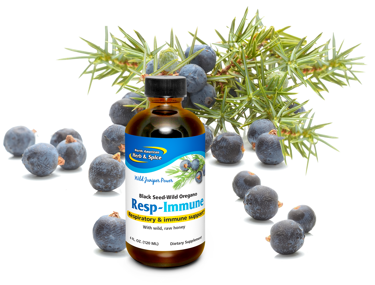 Wild juniper berries with Resp-Immune product bottle