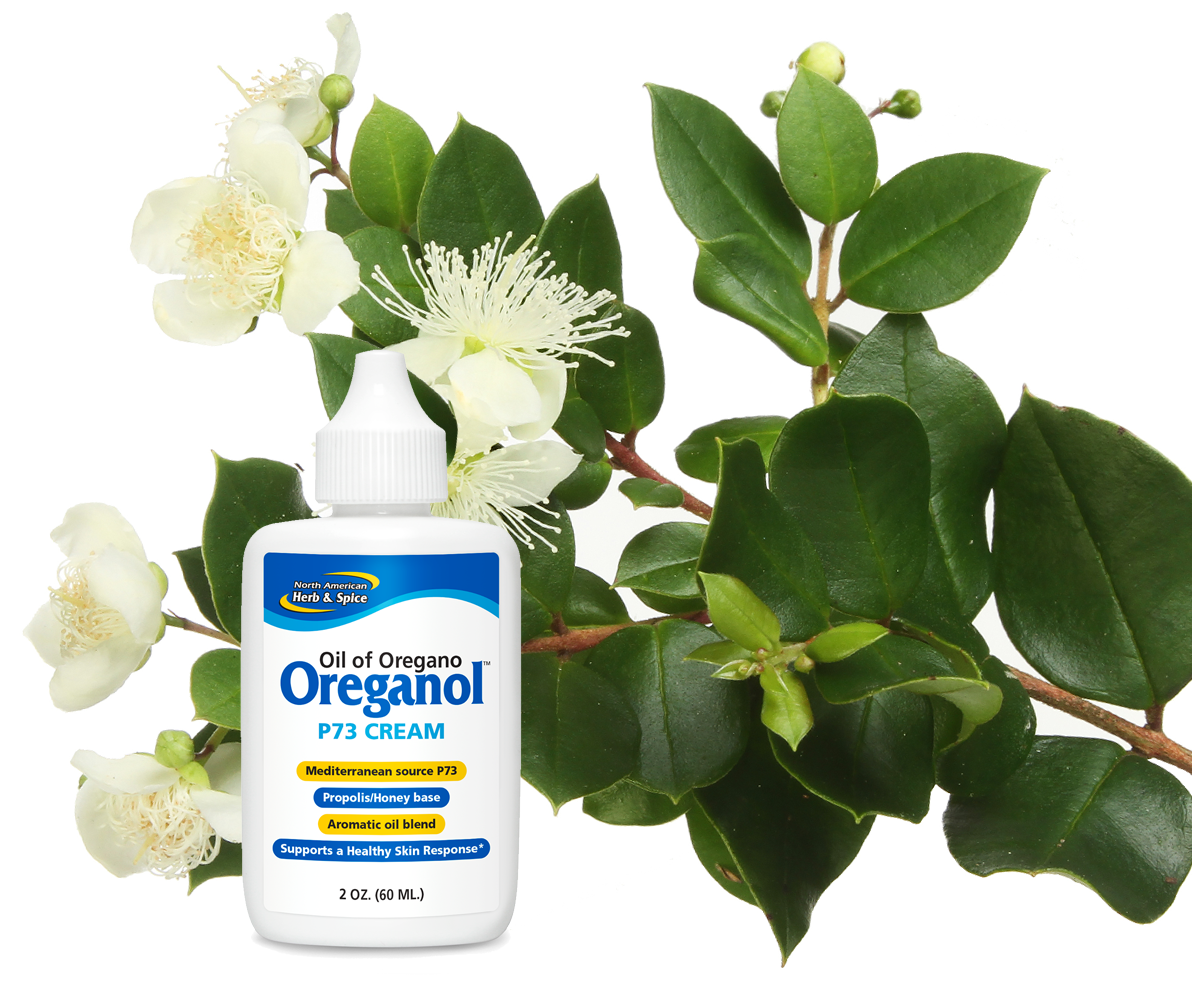 Myrtle flowers and leaves with Oreganol Cream product