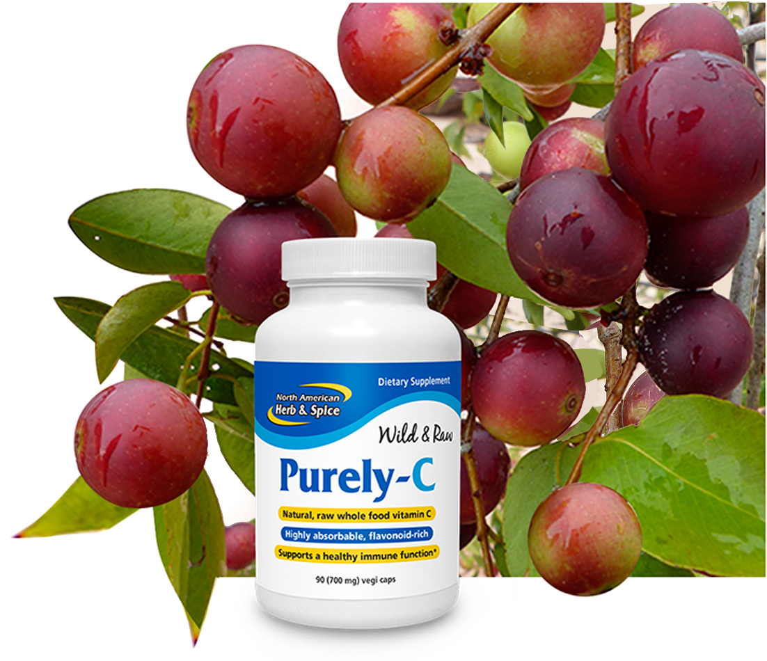 Camu camu berries with Purely-C product bottle