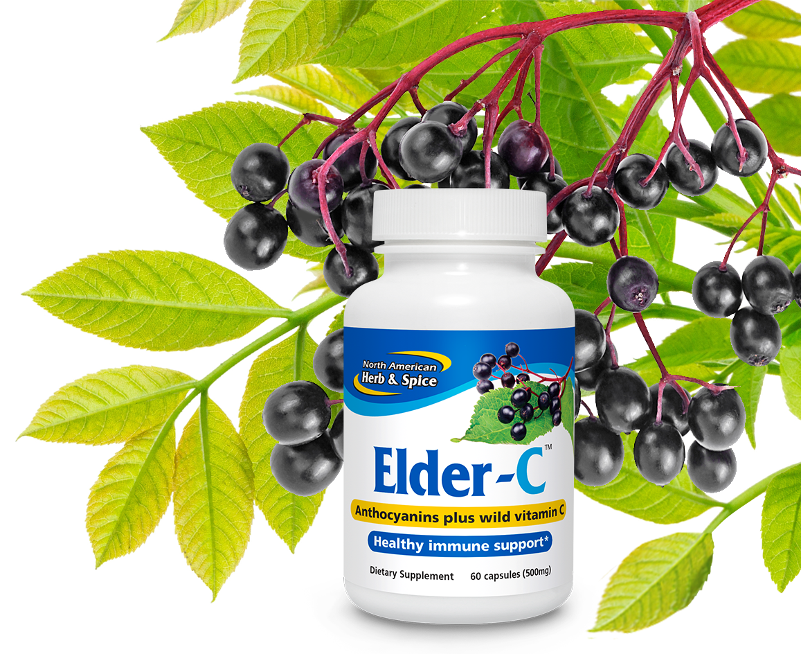 Wild elderberries with Elder-C product bottle