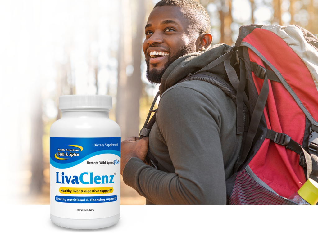 Man hiking with LivaClenz bottle
