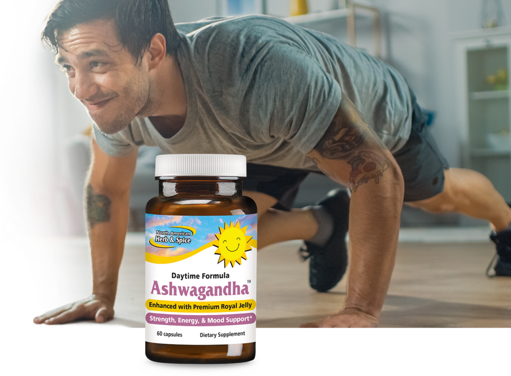 Man exercising with Ashwagandha capsules bottle