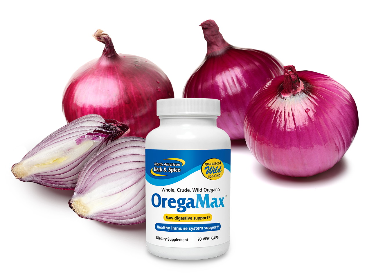 Raw onions with OregaMax product bottle