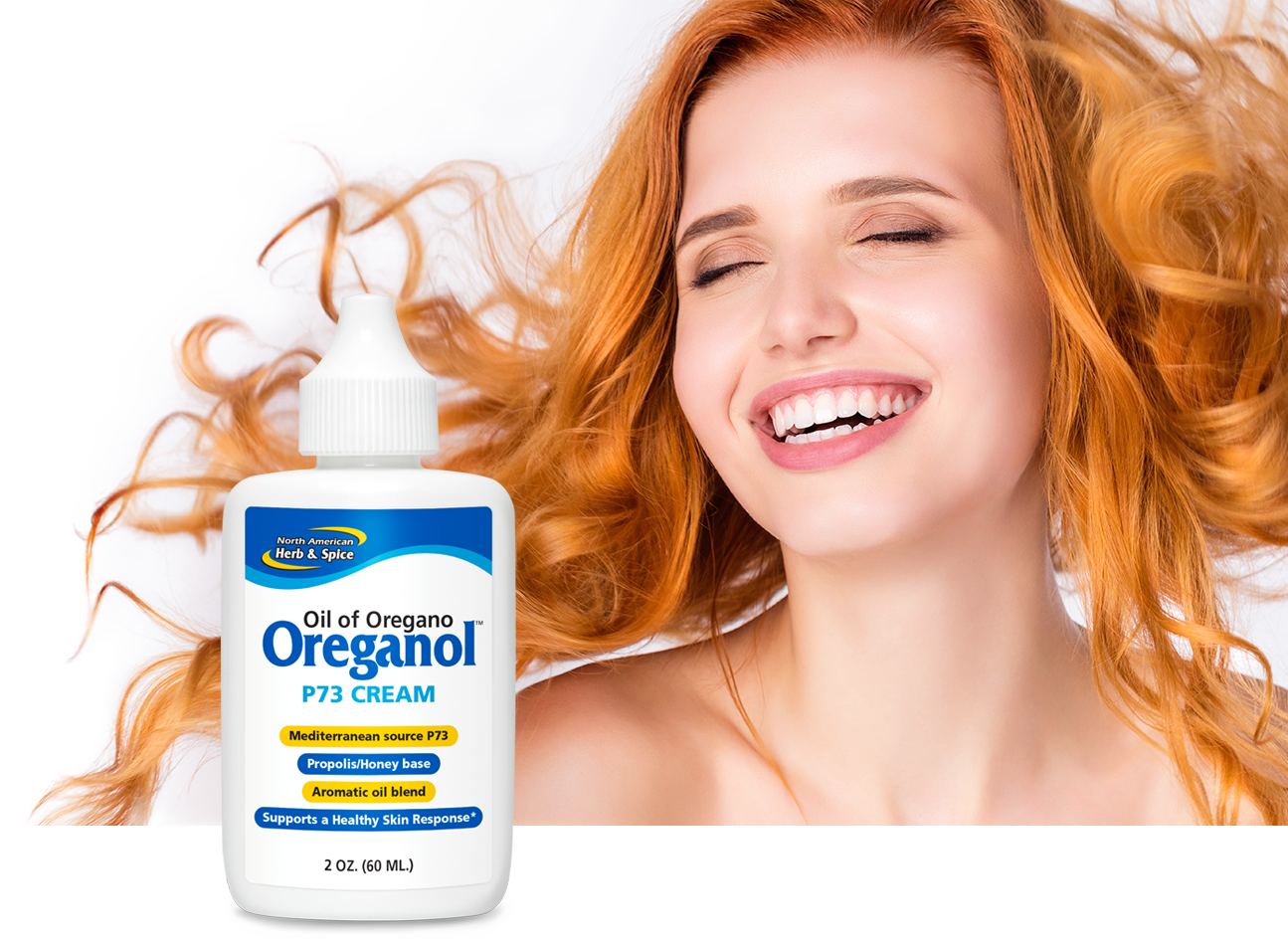 Smiling redhead woman with Oreganol Cream