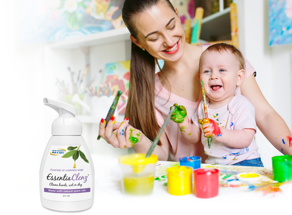 Woman painting with her child, EssentiaClenz product bottle