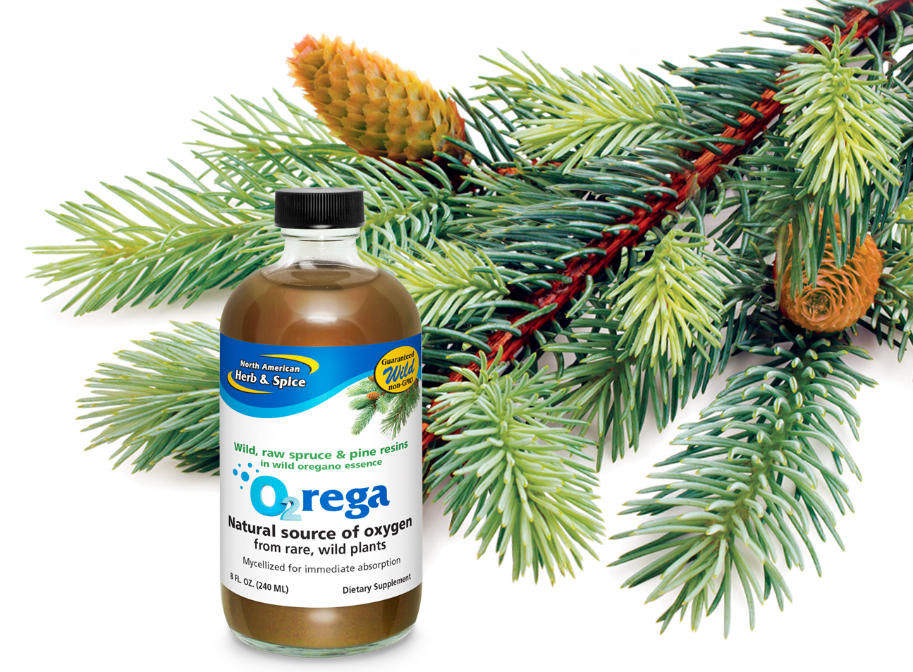 O2rega product with spruce ingredient