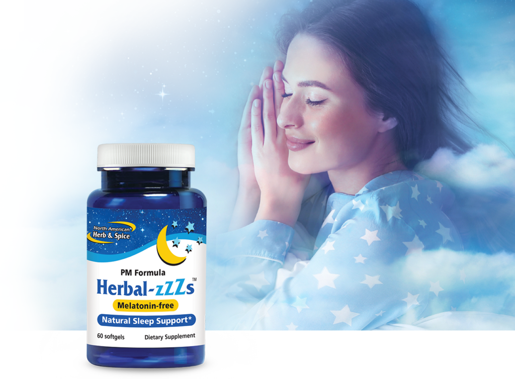 Woman sleeping in clouds with Herbal-zzzs bottle