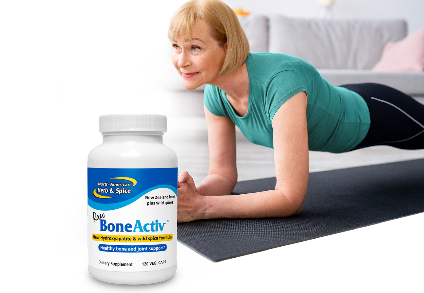 BoneActiv product bottle with older woman doing yoga