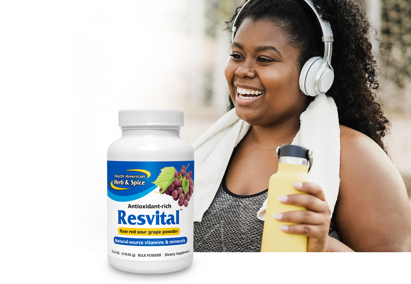 Woman exercising with featured Resvital bottle