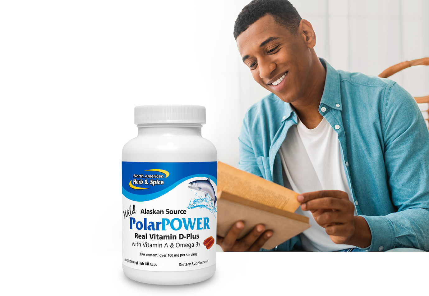 Man reading a book with featured PolarPower product