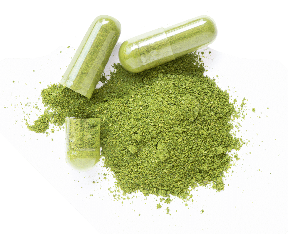 Green capsules with green powder inside