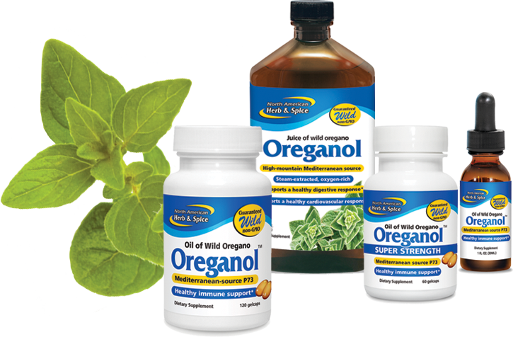 Various Oreganol products with an oregano leaf