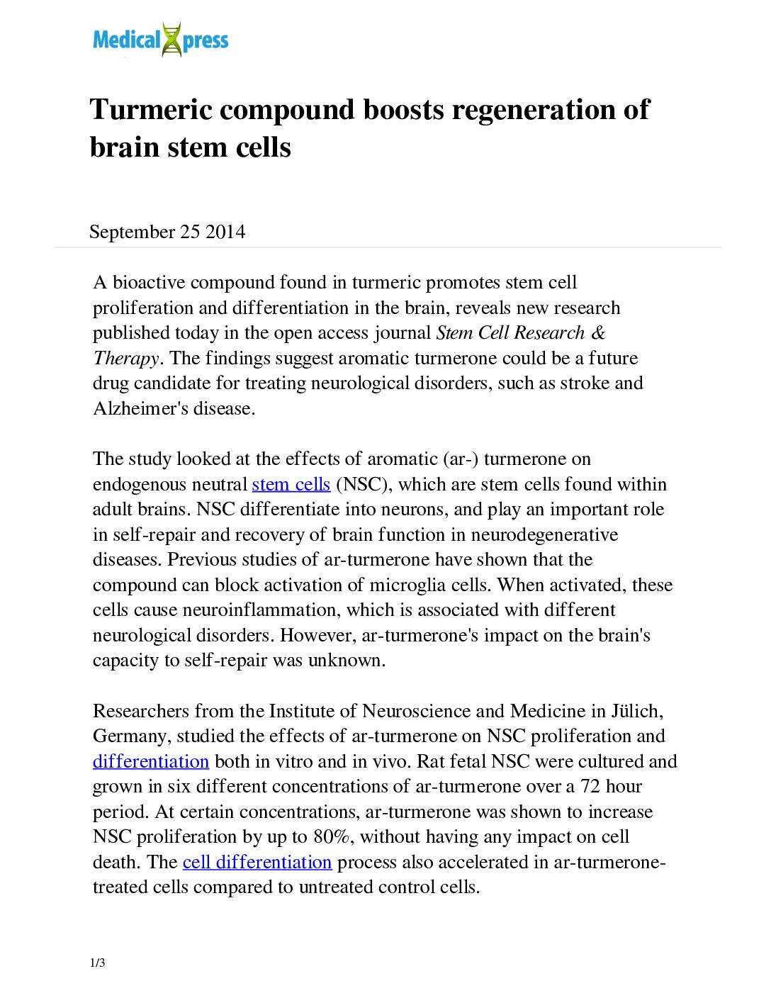 Featured image for “Turmeric compound boosts regeneration of brain stem cells”