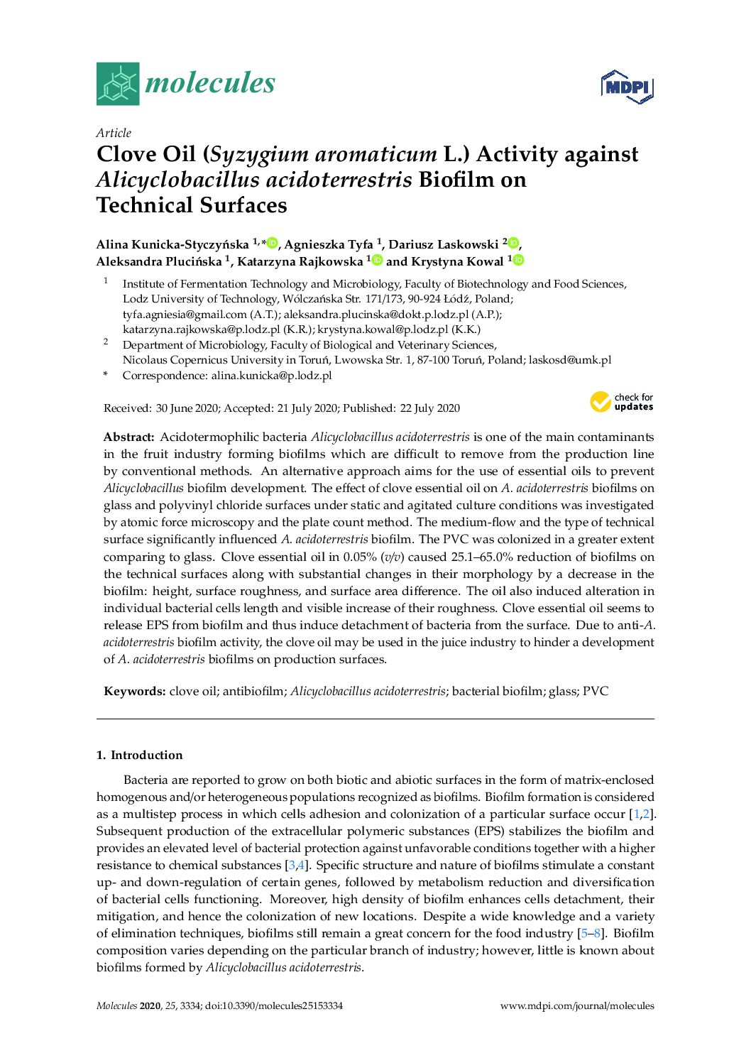 Featured image for “Clove Oil Activity against Alicyclobacillus acidoterrestris Biofilm”