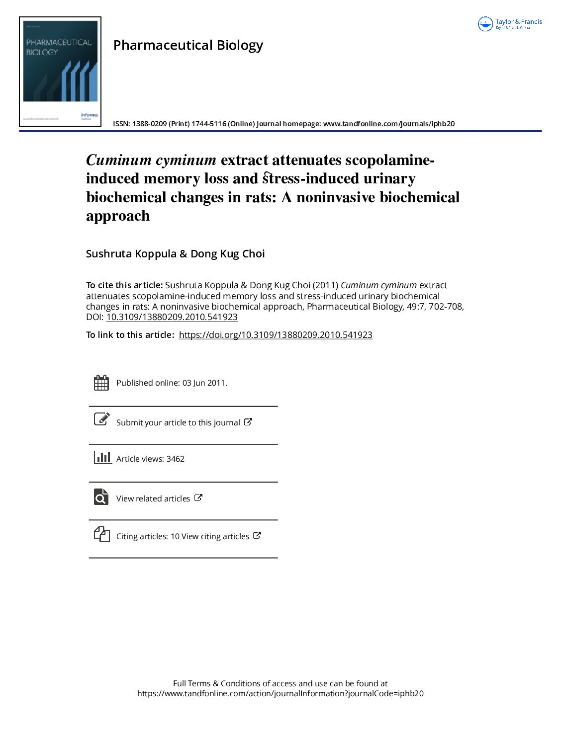 Featured image for “Cumin attenuates scopolamine-induced memory loss and stress-induced urinary biochemical changes in rats  A noninvasive biochemical approach”