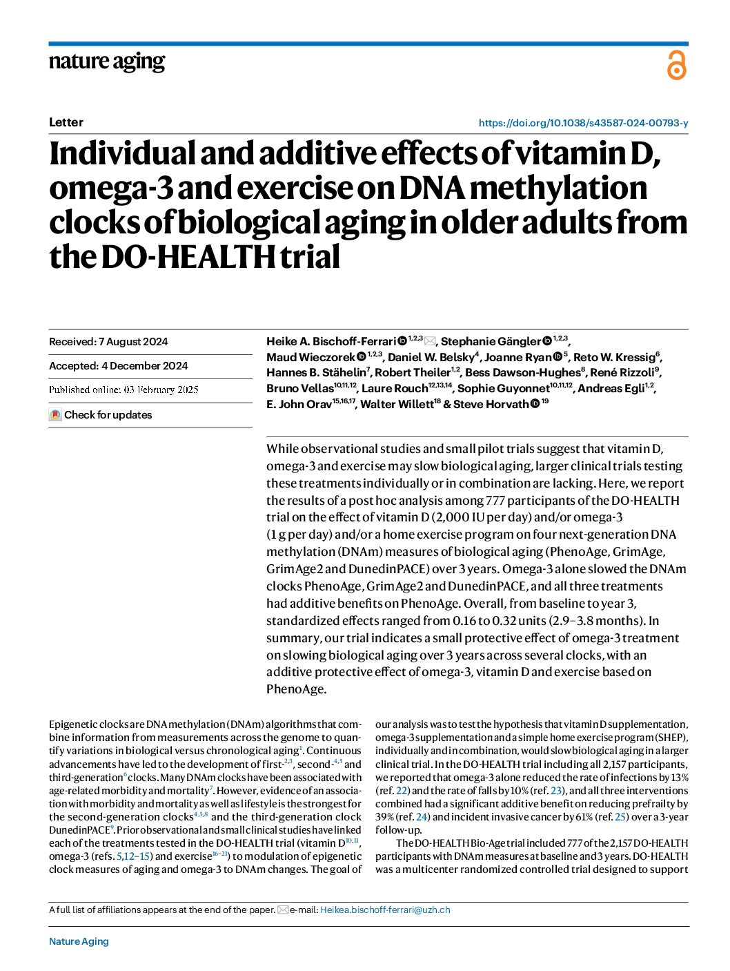 Featured image for “Individual and additive effects of vitamin D, omega-3 and exercise on DNA methylation clocks of biological aging in older adults from the DO-HEALTH trial”
