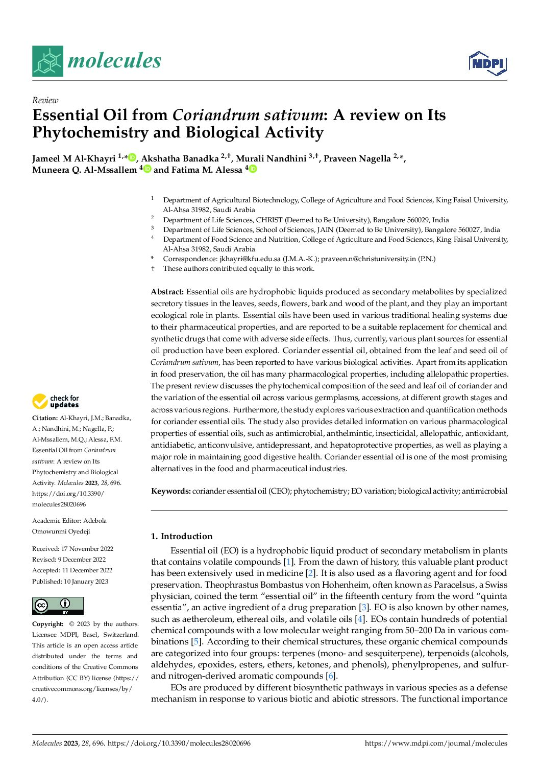 Featured image for “Essential Oil from Coriandrum sativum, A review on Its Phytochemistry & Biological Activity”