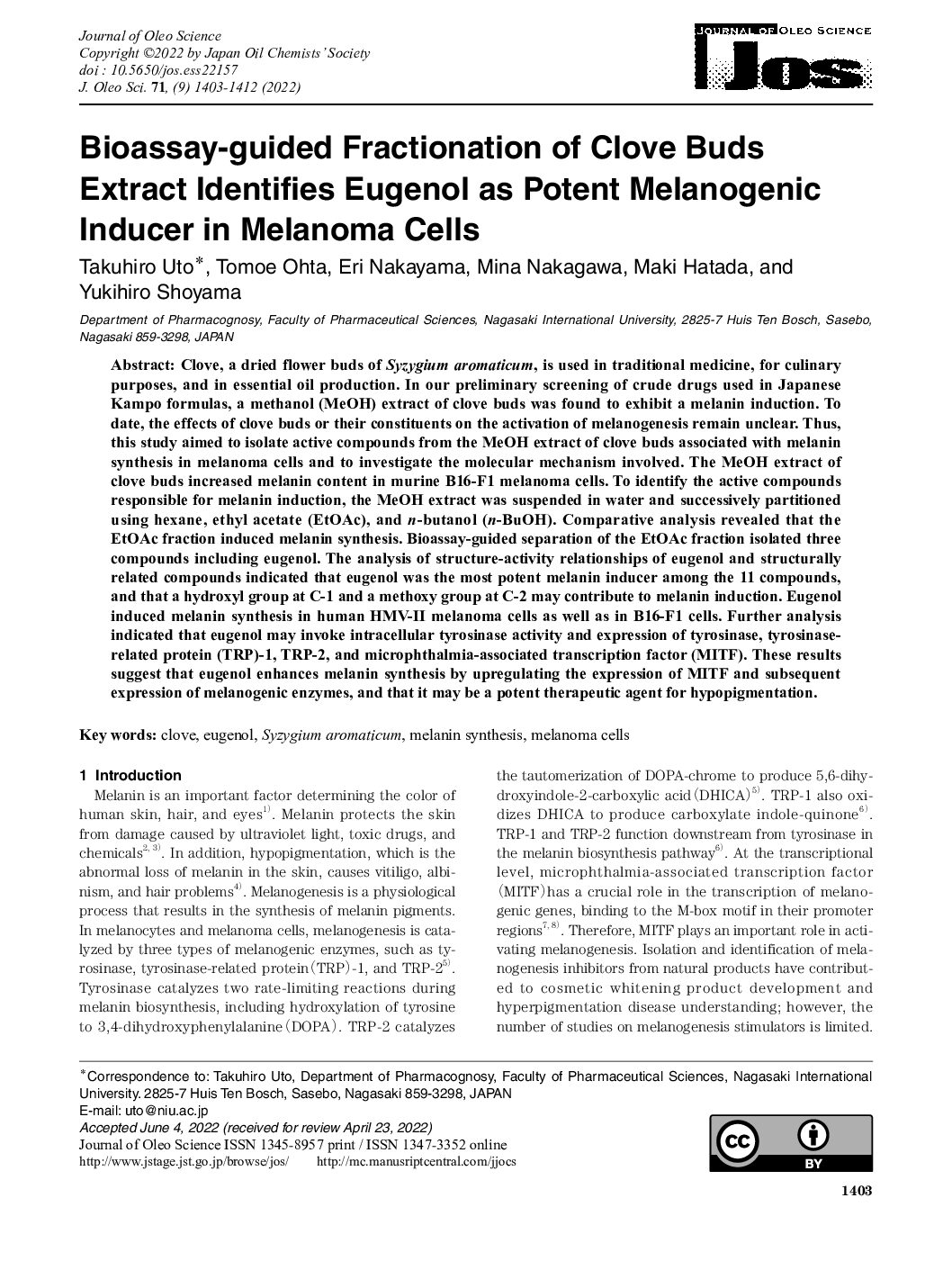 Featured image for “Bioassay-guided Fractionation of Clove Buds Extract Identifies Eugenol as Potent Melanogenic Inducer in Melanoma Cells”