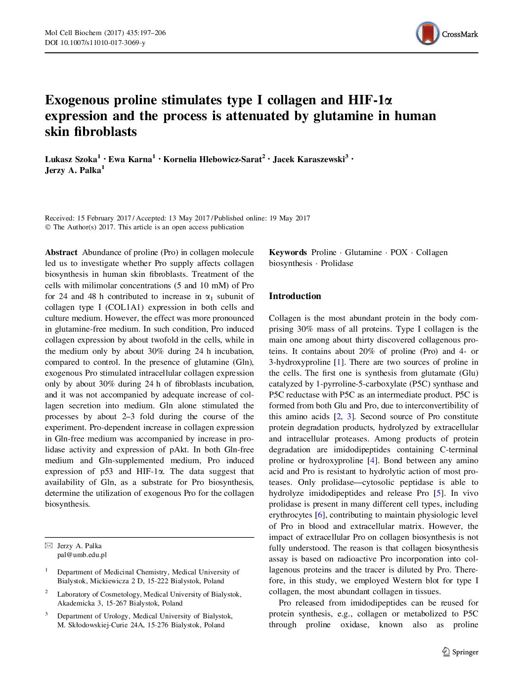 Featured image for “Exogenous proline stimulates type I collagen and HIF-1a expression and the process is attenuated by glutamine in human skin fibroblasts”