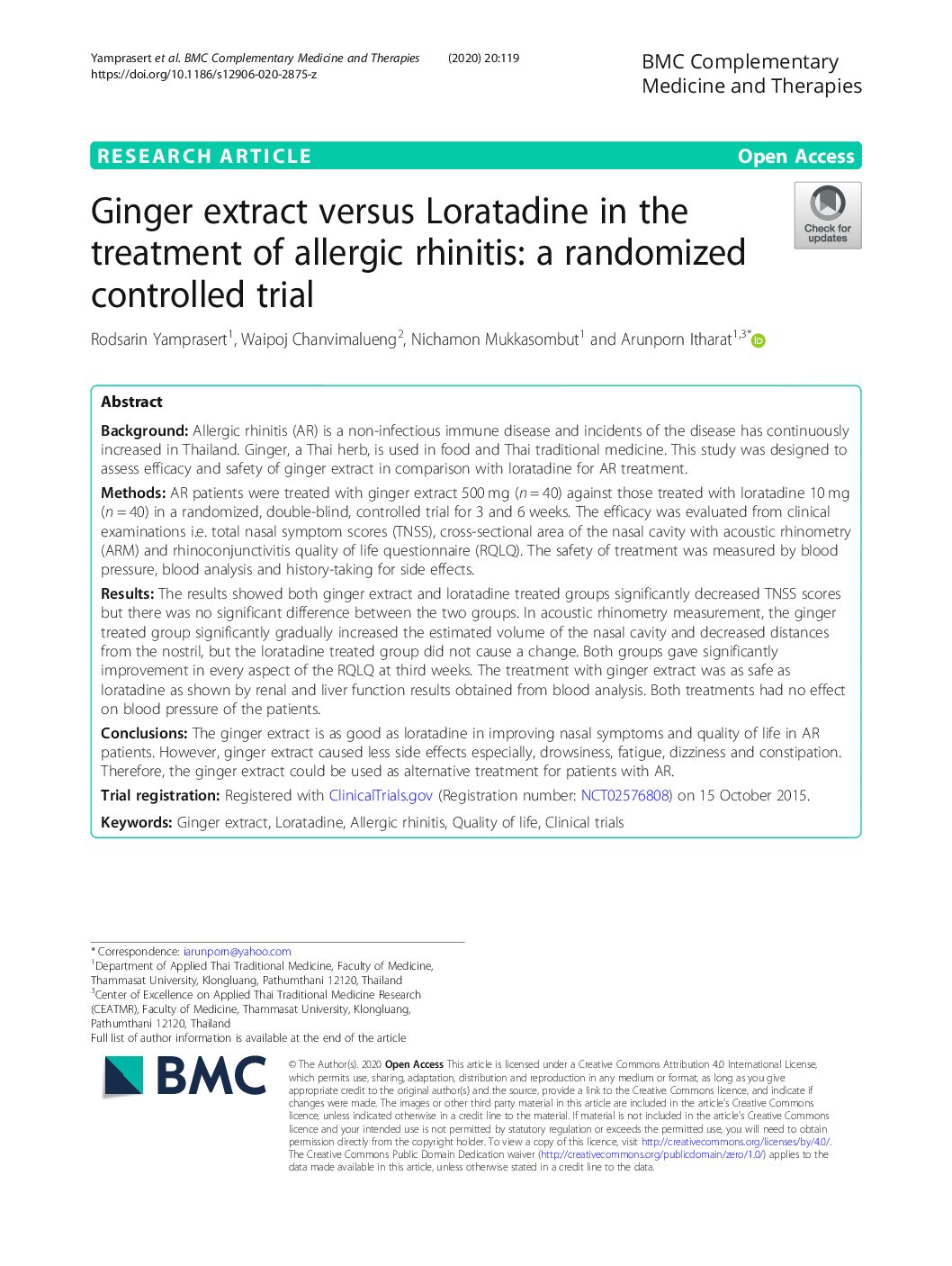 Featured image for “Ginger extract versus Loratadine in the treatment of allergic rhinitis: a randomized controlled trial”