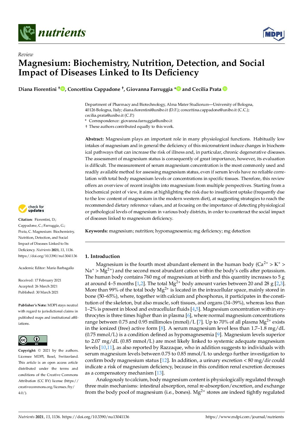 Featured image for “Magnesium: Biochemistry, Nutrition, Detection, and Social Impact of Diseases Linked to Its Deficiency”