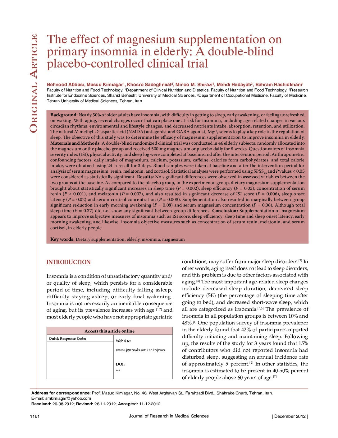 Featured image for “The effect of magnesium supplementation on primary insomnia in elderly: A double‑blind placebo‑controlled clinical trial”