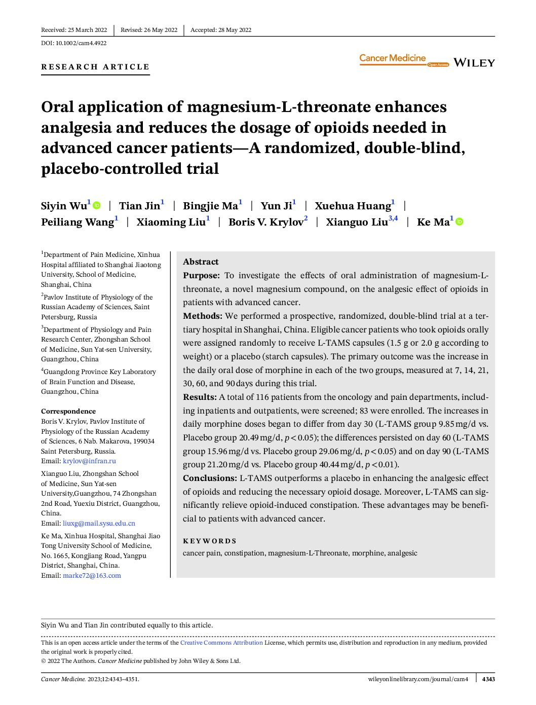 Featured image for “Oral application of magnesium- L- threonate enhances analgesia and reduces the dosage of opioids needed in advanced cancer patients— A randomized, double- blind, placebo- controlled trial”